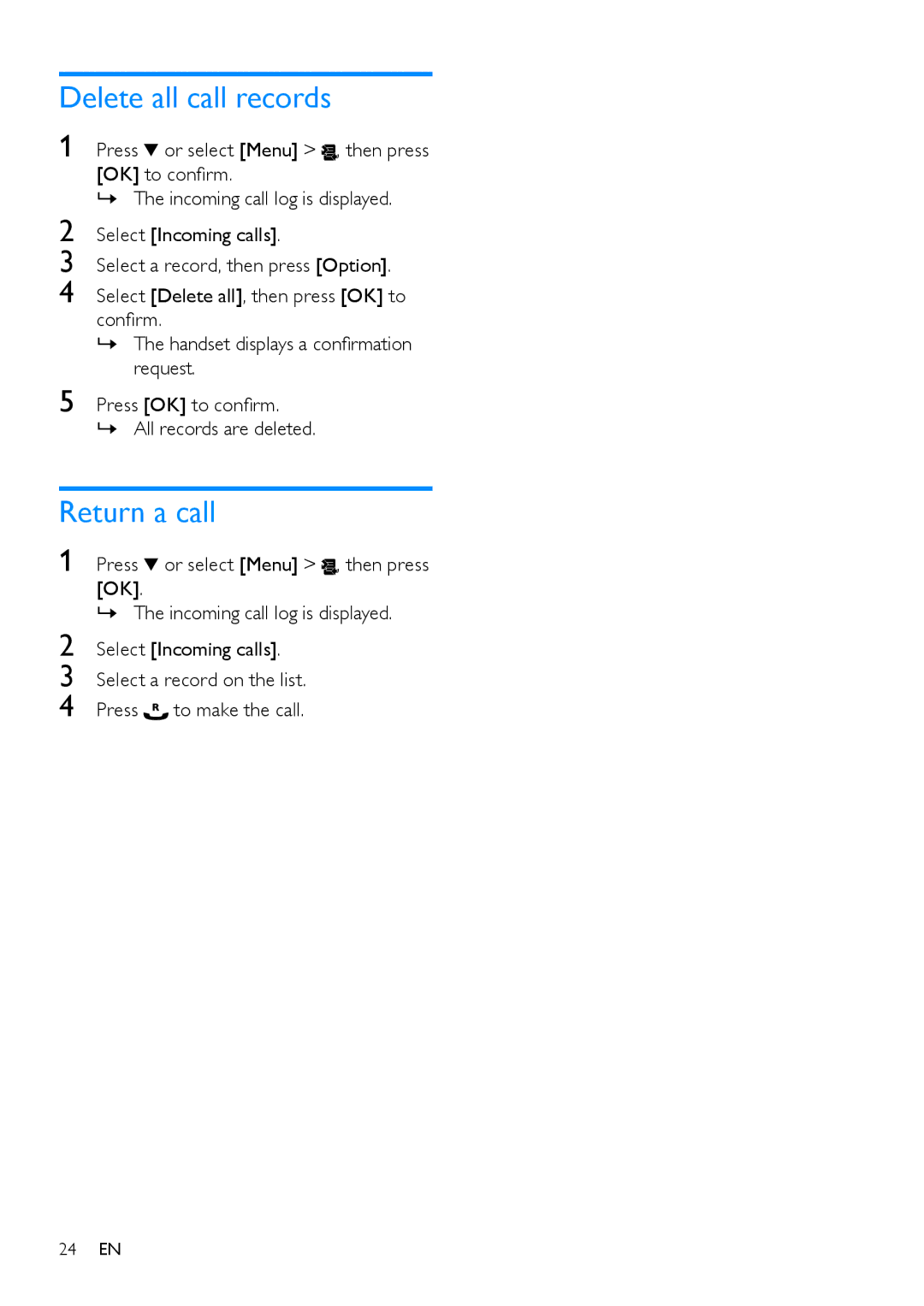 Philips CD485, CD480 user manual Delete all call records, Return a call 