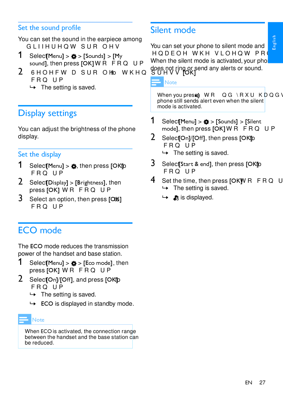 Philips CD480, CD485 user manual Display settings, ECO mode, Silent mode, Set the sound profile, Set the display 