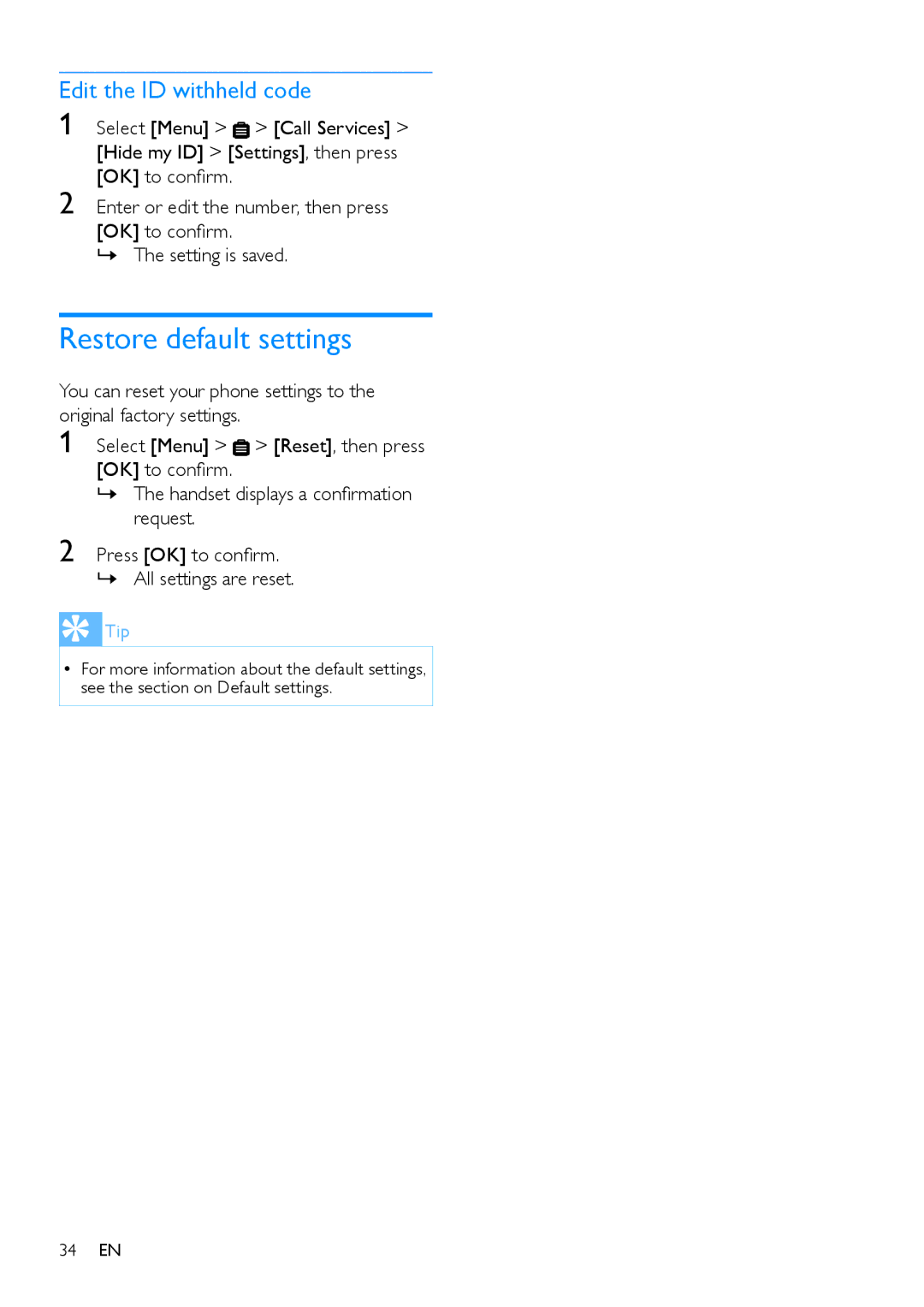 Philips CD485, CD480 user manual Restore default settings, Edit the ID withheld code 