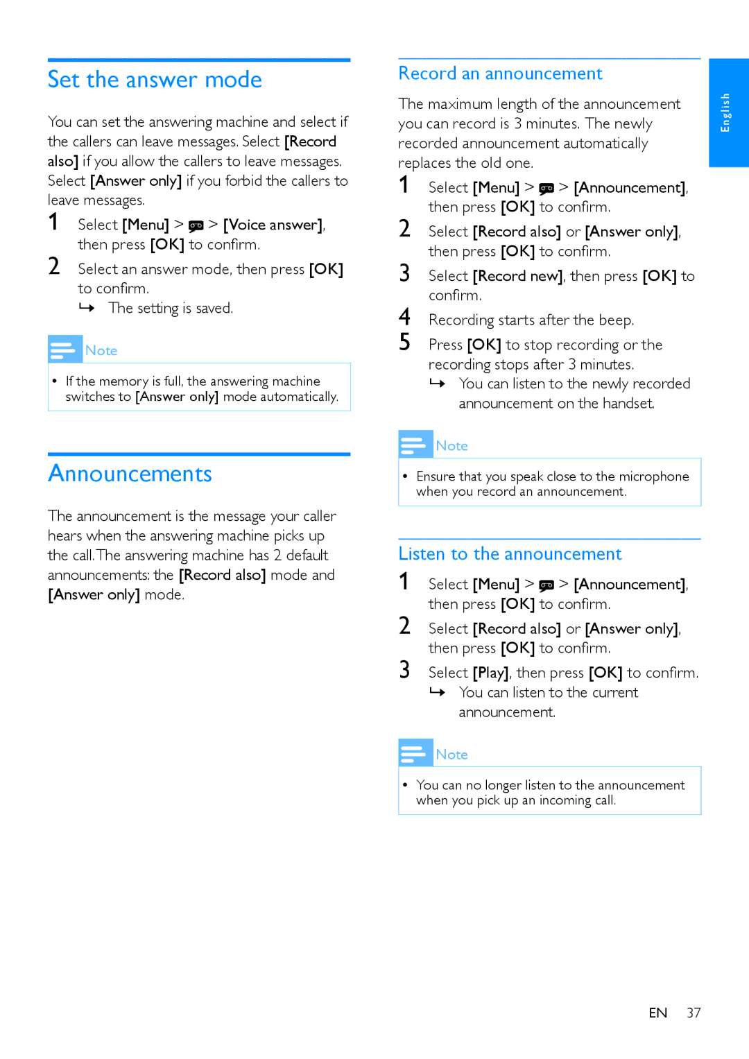 Philips CD480, CD485 user manual Set the answer mode, Announcements, Record an announcement, Listen to the announcement 