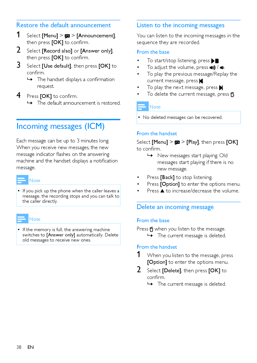 Philips CD485, CD480 user manual Incoming messages ICM, Restore the default announcement, Listen to the incoming messages 