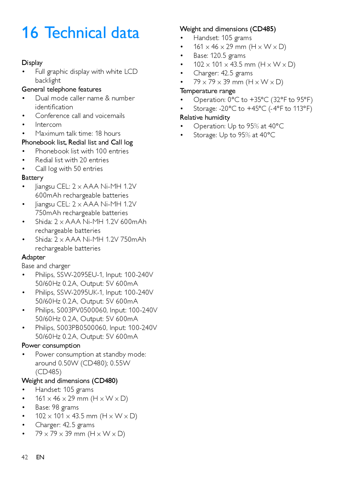 Philips CD485, CD480 user manual Technical data 