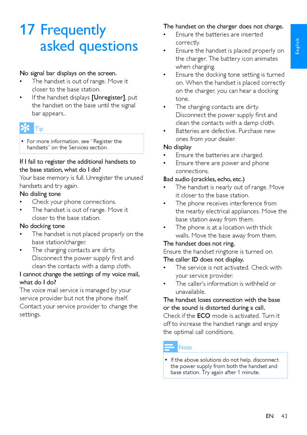 Philips CD480, CD485 user manual Frequently asked questions, Handset does not ring 