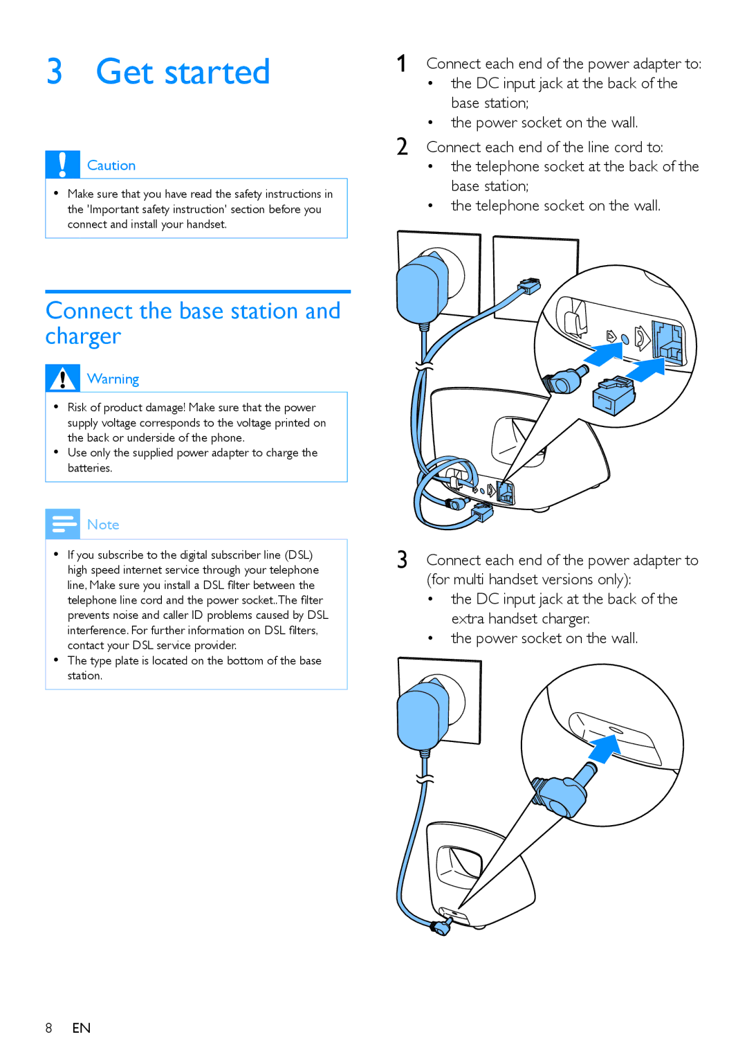 Philips CD490, CD495 user manual Get started, Connect the base station and charger 