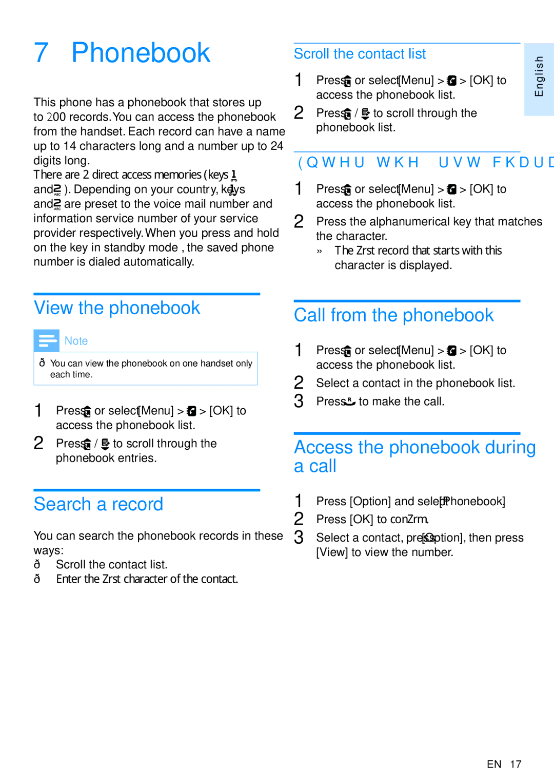 Philips CD495 Phonebook, View the phonebook, Search a record, Call from the phonebook, Access the phonebook during a call 