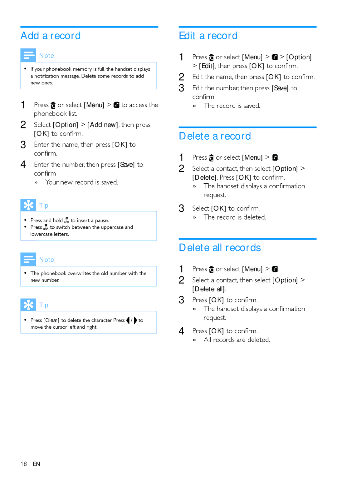 Philips CD490, CD495 user manual Add a record, Edit a record, Delete a record, Delete all records 