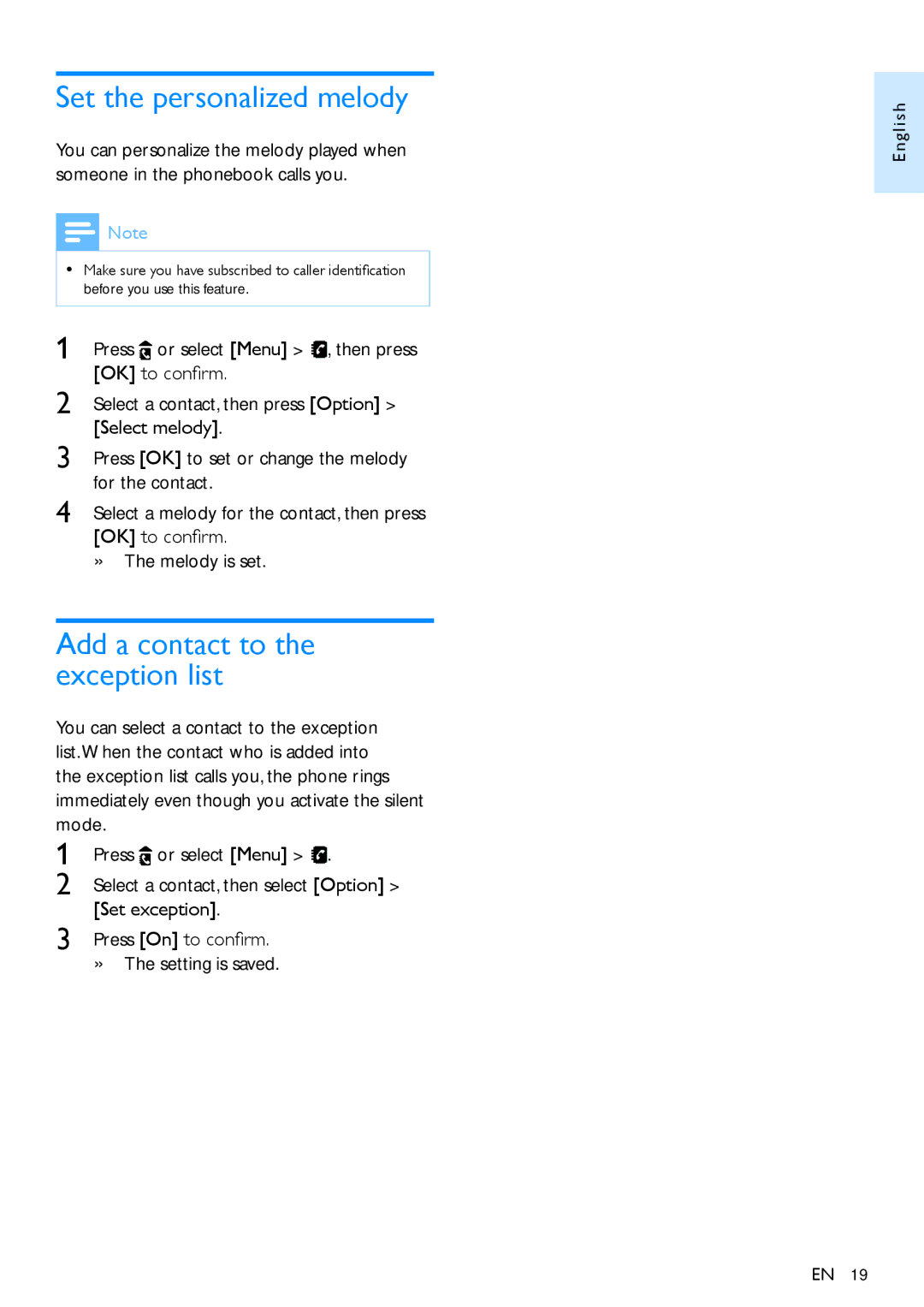 Philips CD495, CD490 user manual Set the personalized melody, Add a contact to the exception list 