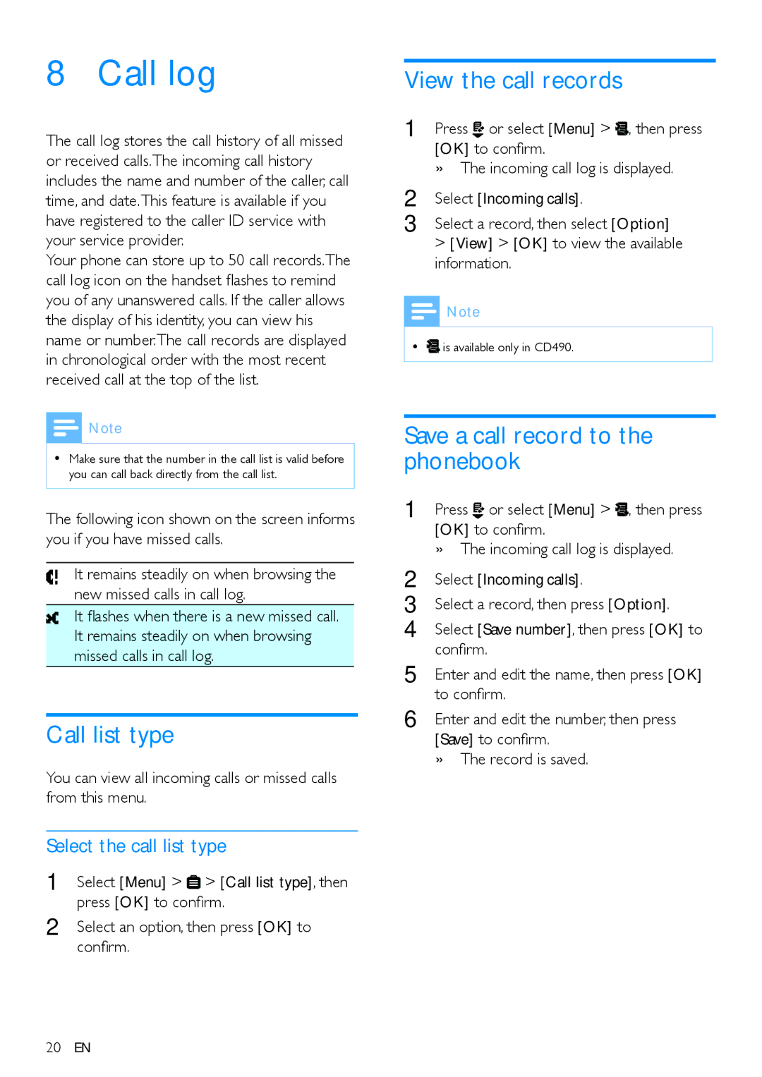 Philips CD490, CD495 user manual Call log, Call list type, View the call records, Save a call record to the phonebook 