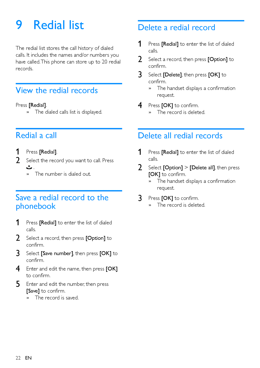 Philips CD490, CD495 user manual Redial list 