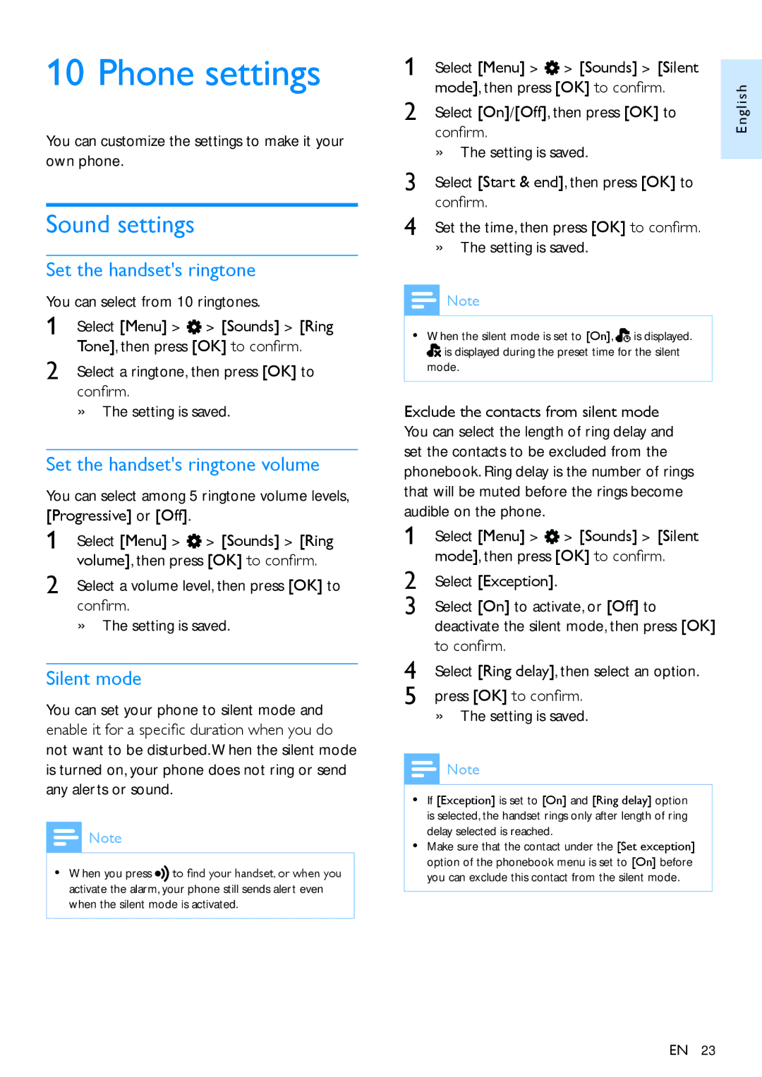 Philips CD495, CD490 user manual Phone settings, Sound settings, Set the handsets ringtone volume, Silent mode 