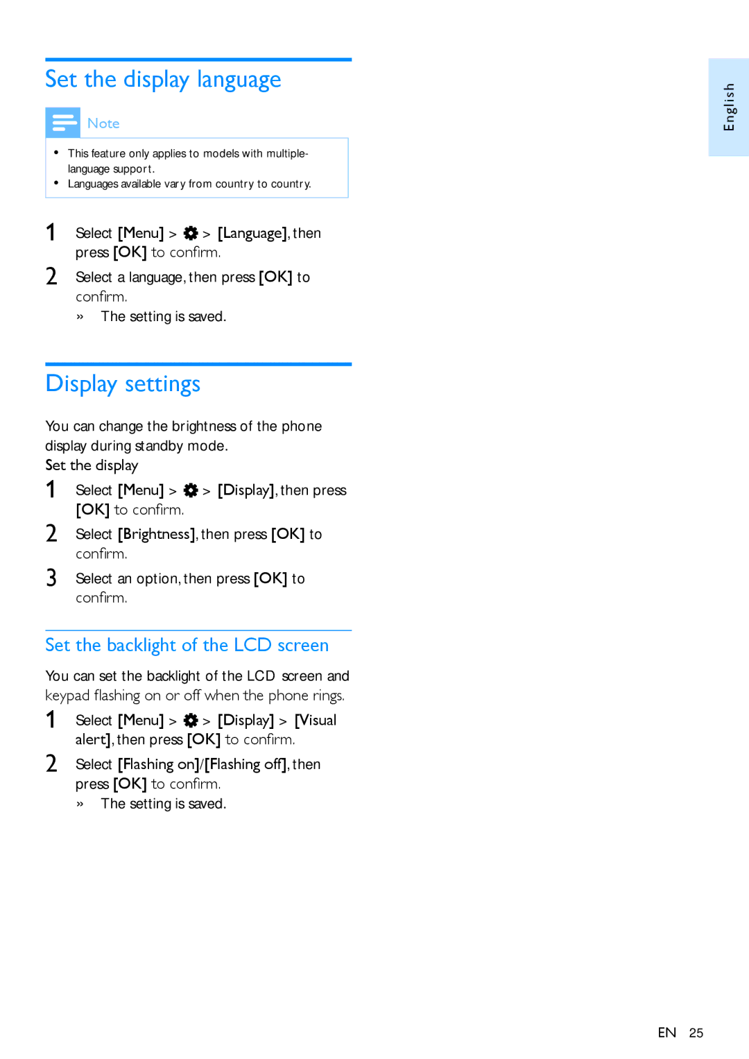 Philips CD495 Set the display language, Display settings, Set the backlight of the LCD screen, Select Menu Display Visual 