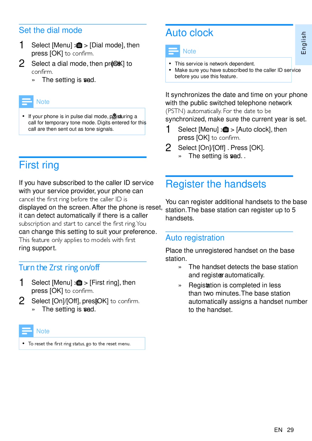 Philips CD495, CD490 user manual First ring, Auto clock, Register the handsets 