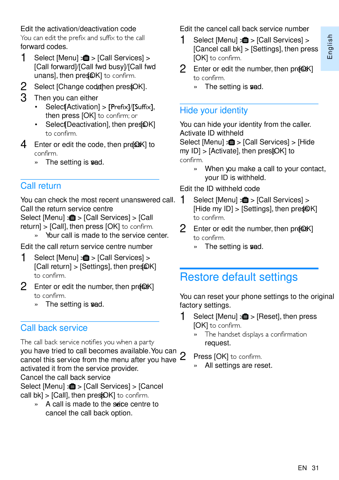 Philips CD495, CD490 user manual Restore default settings, Call return, Call back service, Hide your identity 