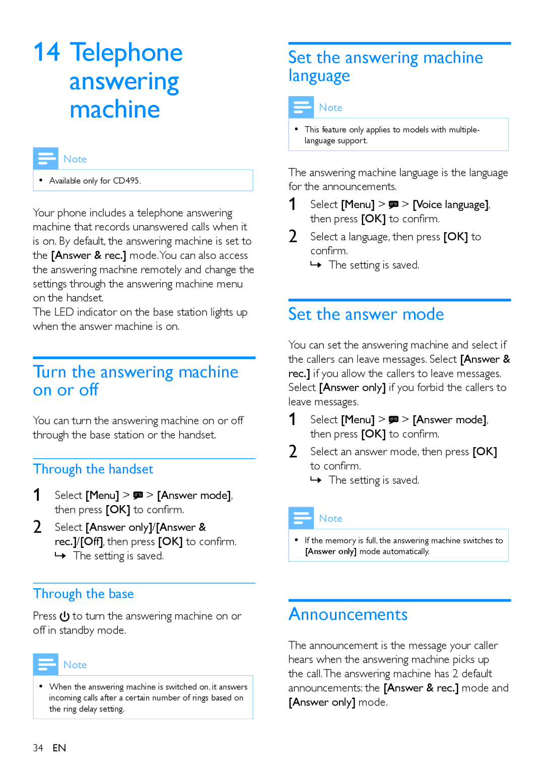 Philips CD490 Turn the answering machine on or off, Set the answering machine language, Set the answer mode, Announcements 