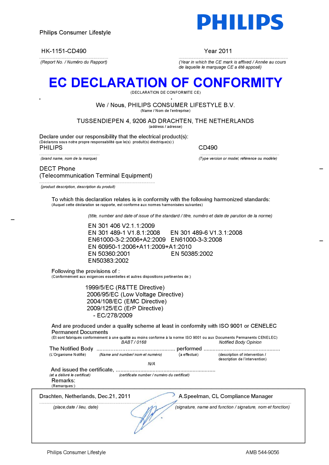 Philips CD490, CD495 user manual EC Declaration of Conformity 