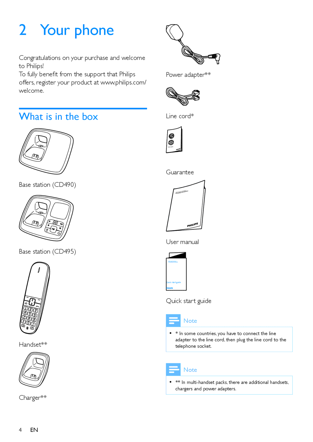 Philips CD490 Your phone, What is in the box, Congratulations on your purchase and welcome to Philips, Quick start guide 