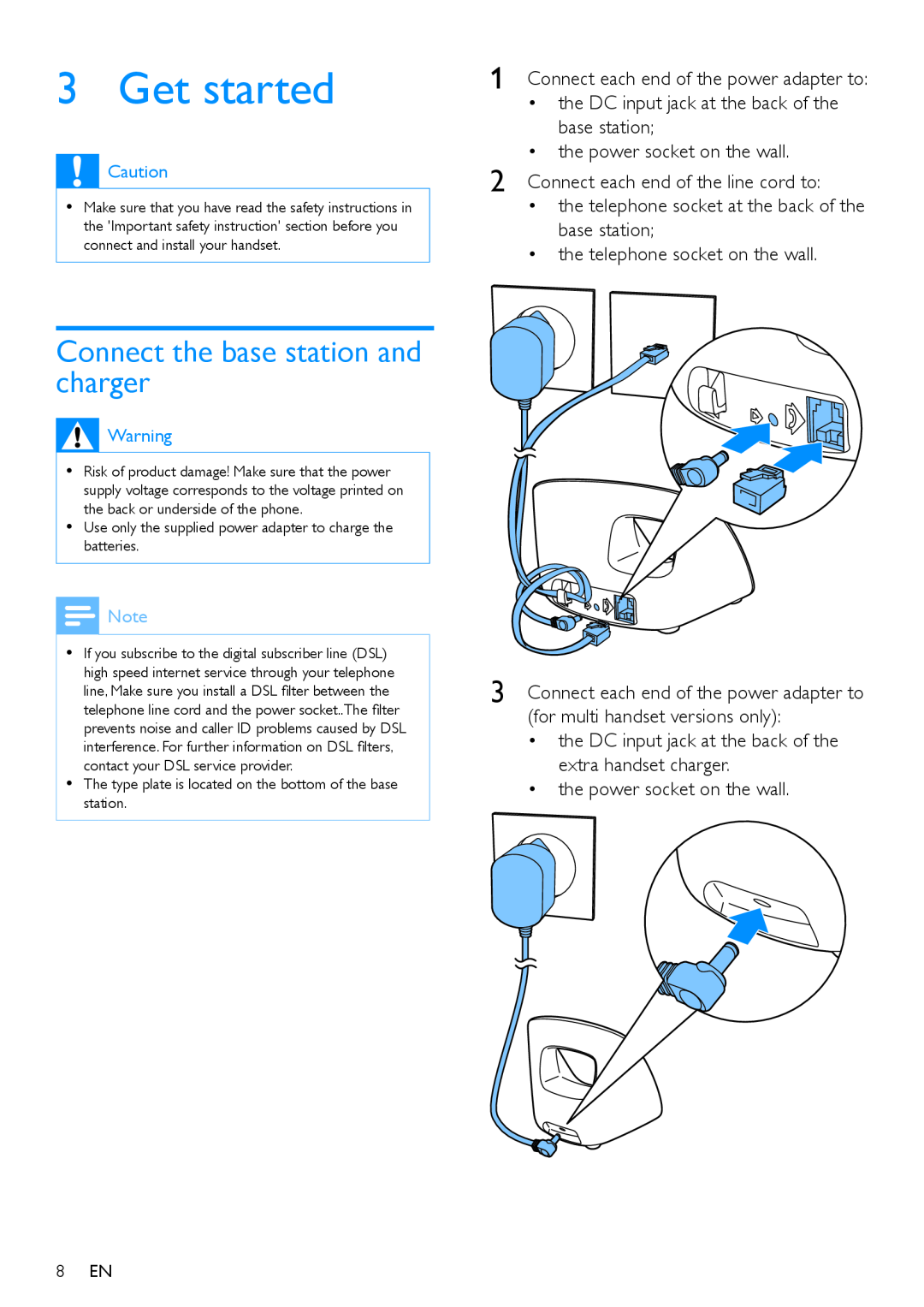 Philips CD496, CD491 user manual Get started, Connect the base station and charger, 8 EN 