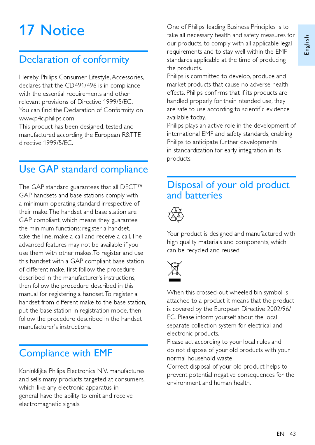 Philips CD491, CD496 user manual Notice, Declaration of conformity, Use GAP standard compliance, Compliance with EMF 