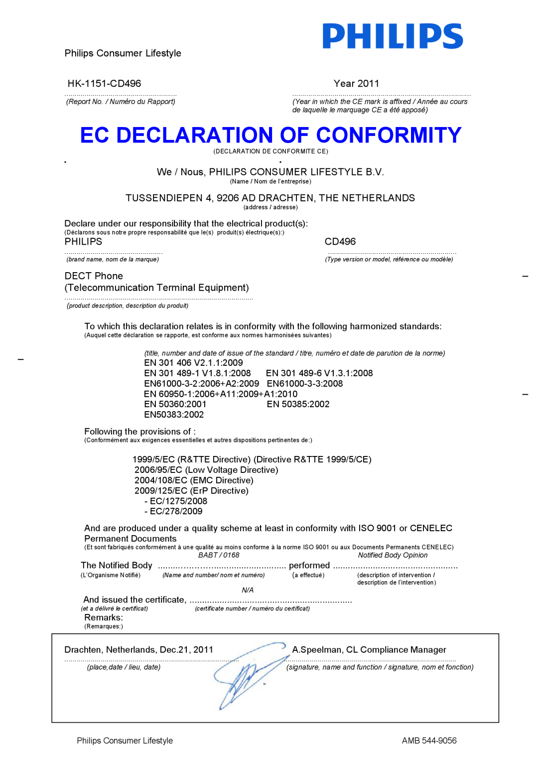 Philips CD491 user manual Ec Declaration Of Conformity, Philips Consumer Lifestyle, HK-1151-CD496, Year, DECT Phone 