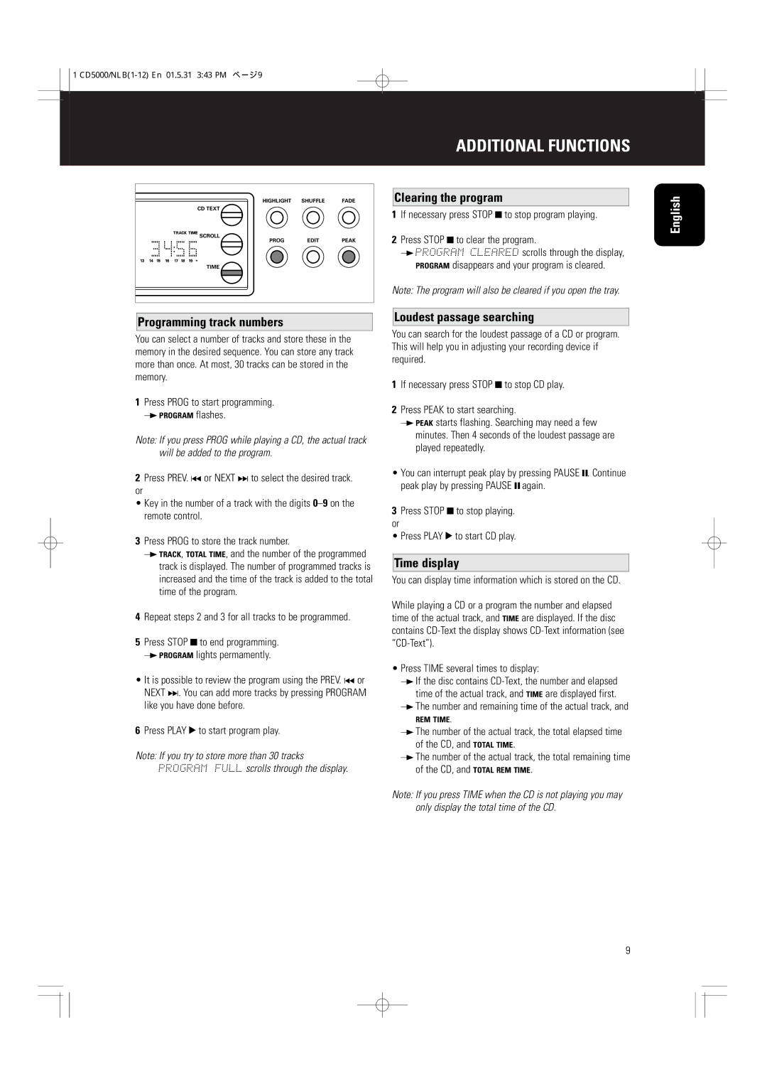 Philips CD5000 manual Clearing the program, Programming track numbers, Loudest passage searching, Time display 