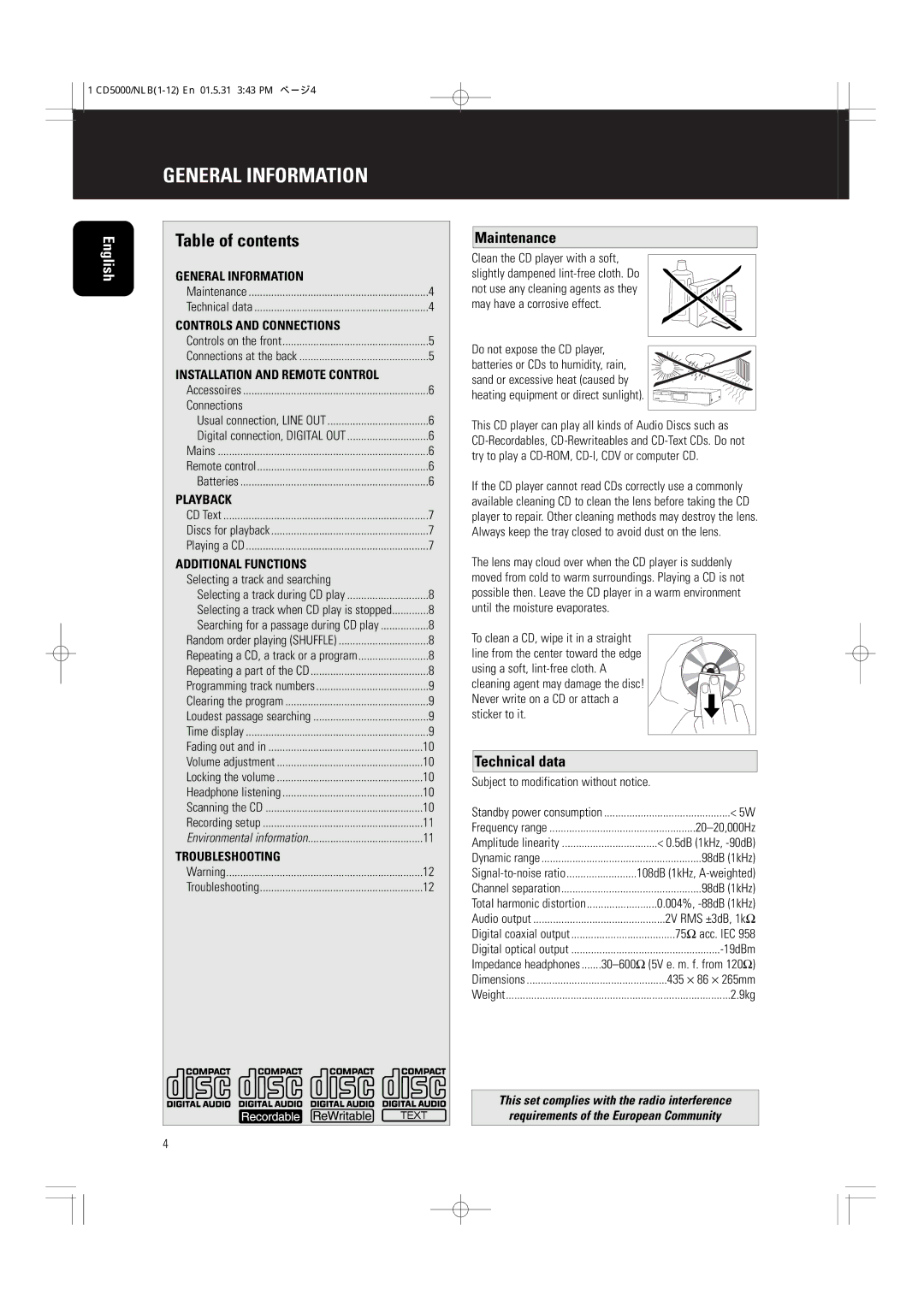 Philips CD5000 manual General Information, Table of contents 