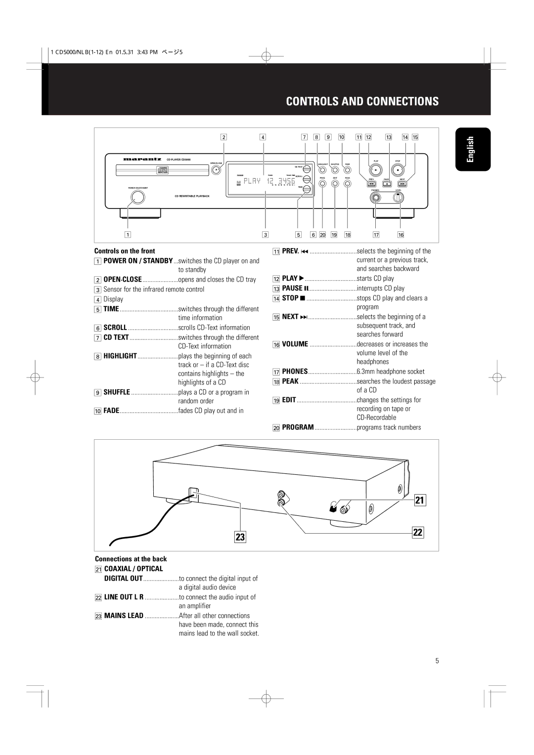 Philips CD5000 manual Controls and Connections, Controls on the front, Connections at the back, ¡ Coaxial / Optical 