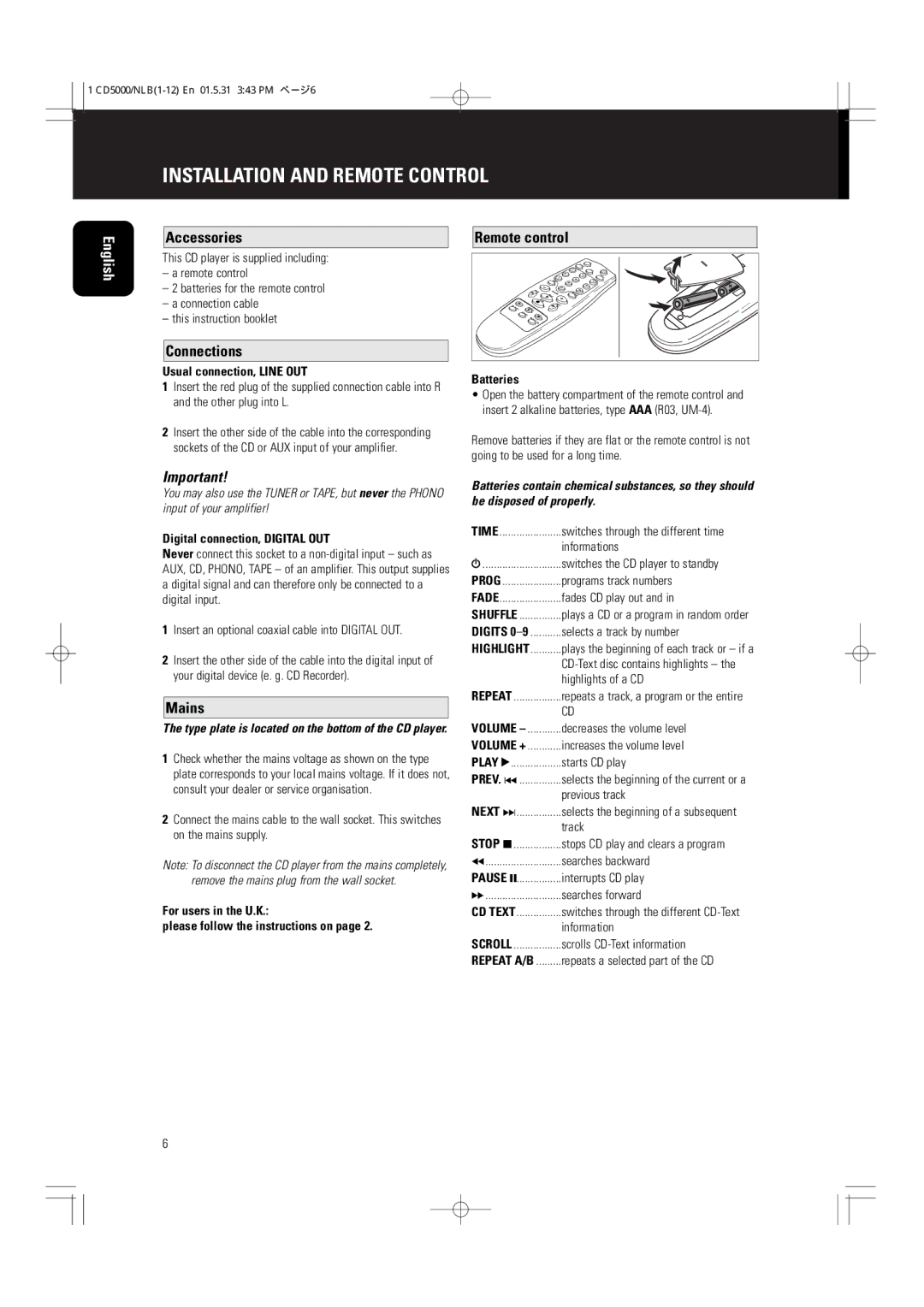 Philips CD5000 manual Installation and Remote Control, Accessories, Connections, Mains, Remote control 