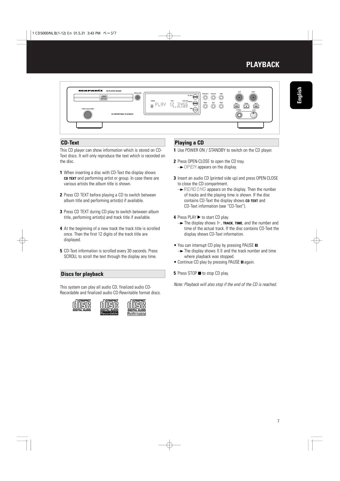 Philips CD5000 manual Playback, CD-Text, Discs for playback, Playing a CD 