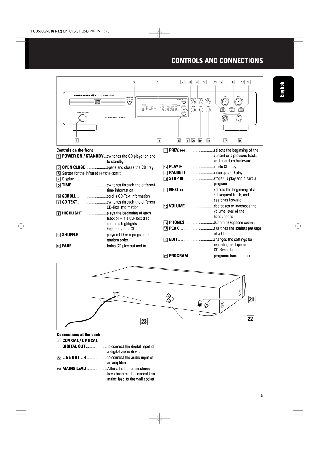 Philips CD5000 manual Controls And Connections, English, Controls on the front, Connections at the back ¡COAXIAL / OPTICAL 