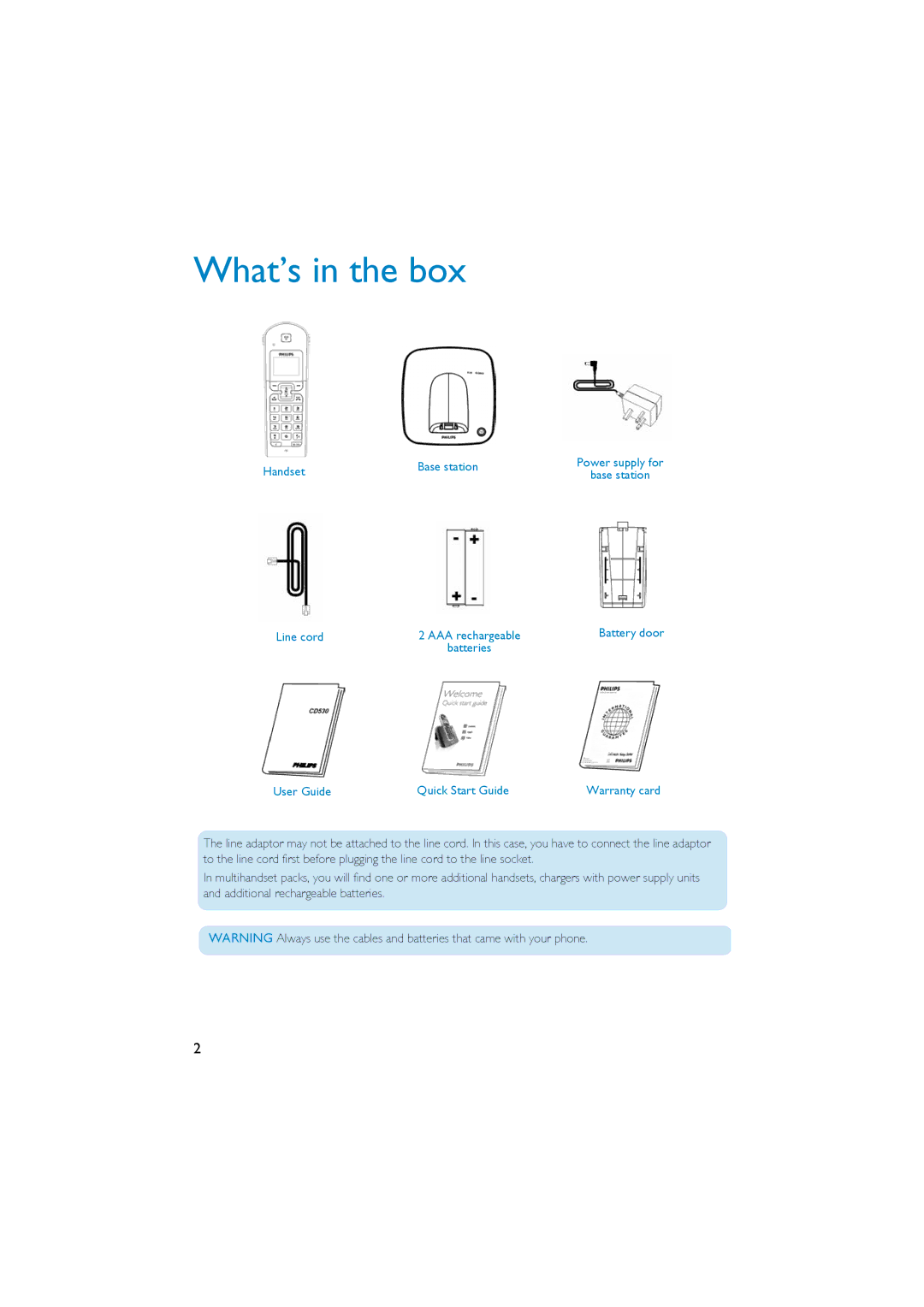 Philips CD530 quick start Handset Base station, Line cord, User Guide Quick Start Guide 