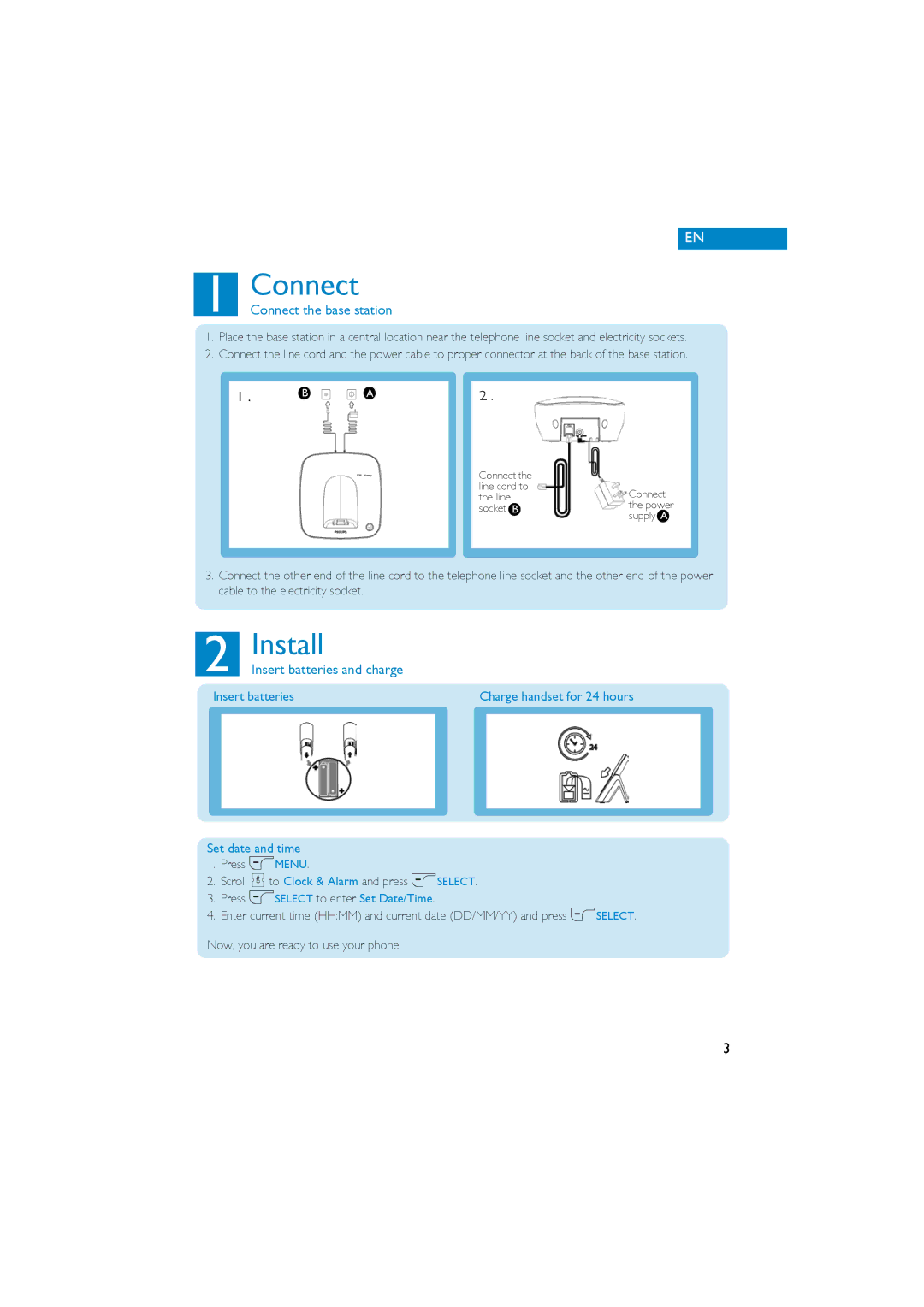 Philips CD530 quick start Install, Connect the base station, Insert batteries and charge 