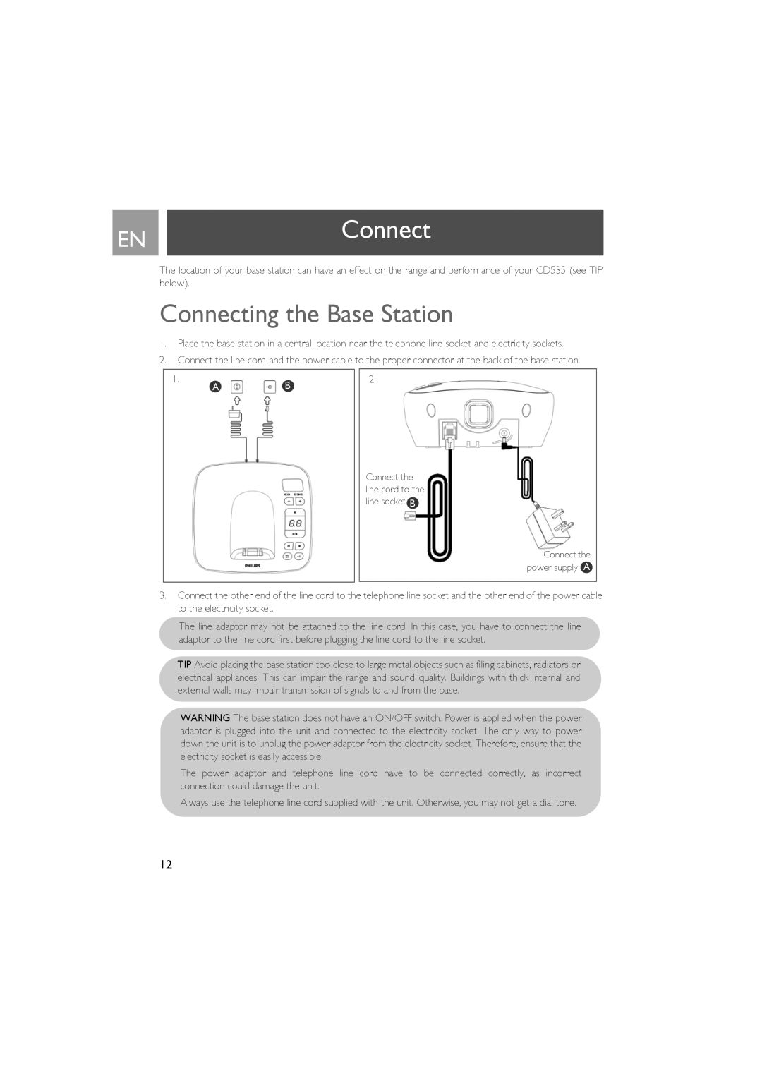 Philips CD535 manual ENConnect, Connecting the Base Station 