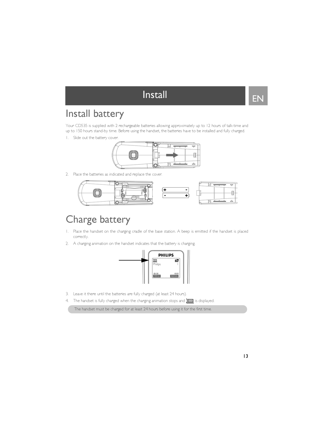 Philips CD535 manual InstallEN, Install battery, Charge battery 