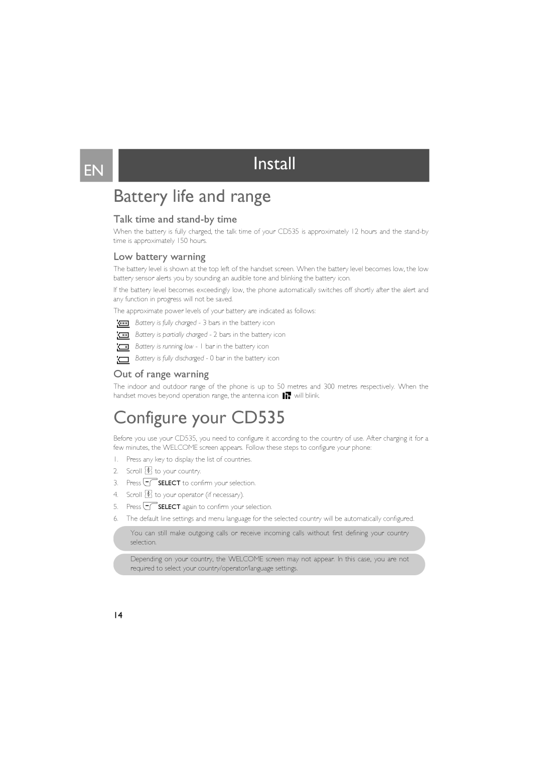 Philips manual ENInstall, Battery life and range, Configure your CD535 