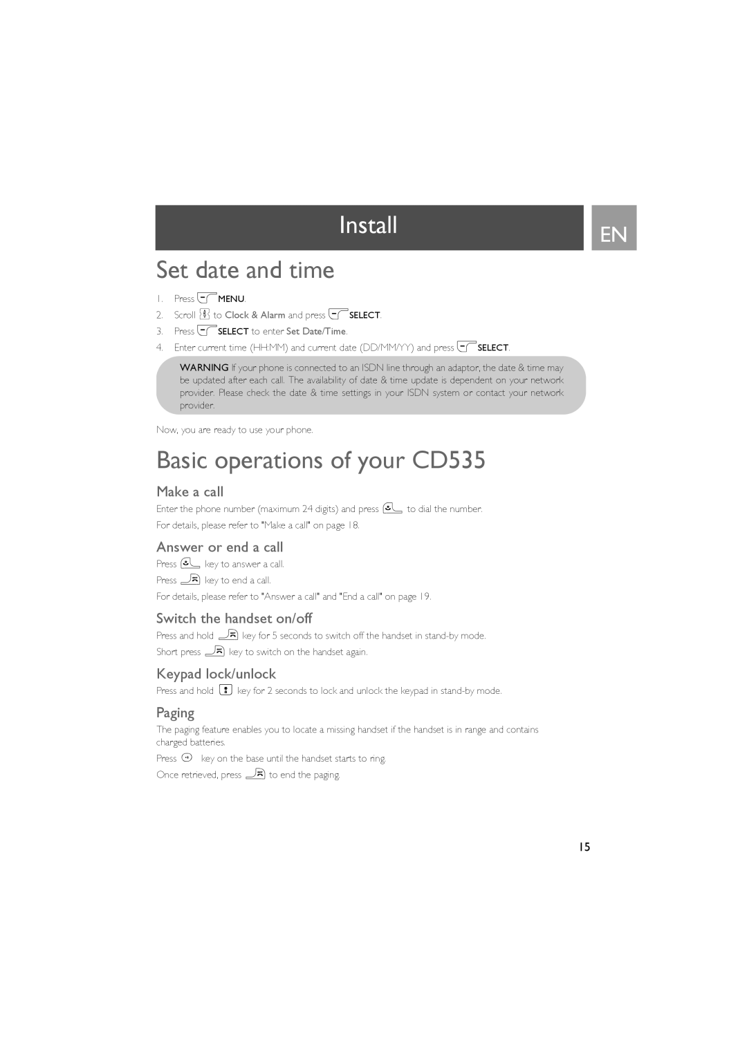 Philips manual Set date and time, Basic operations of your CD535 