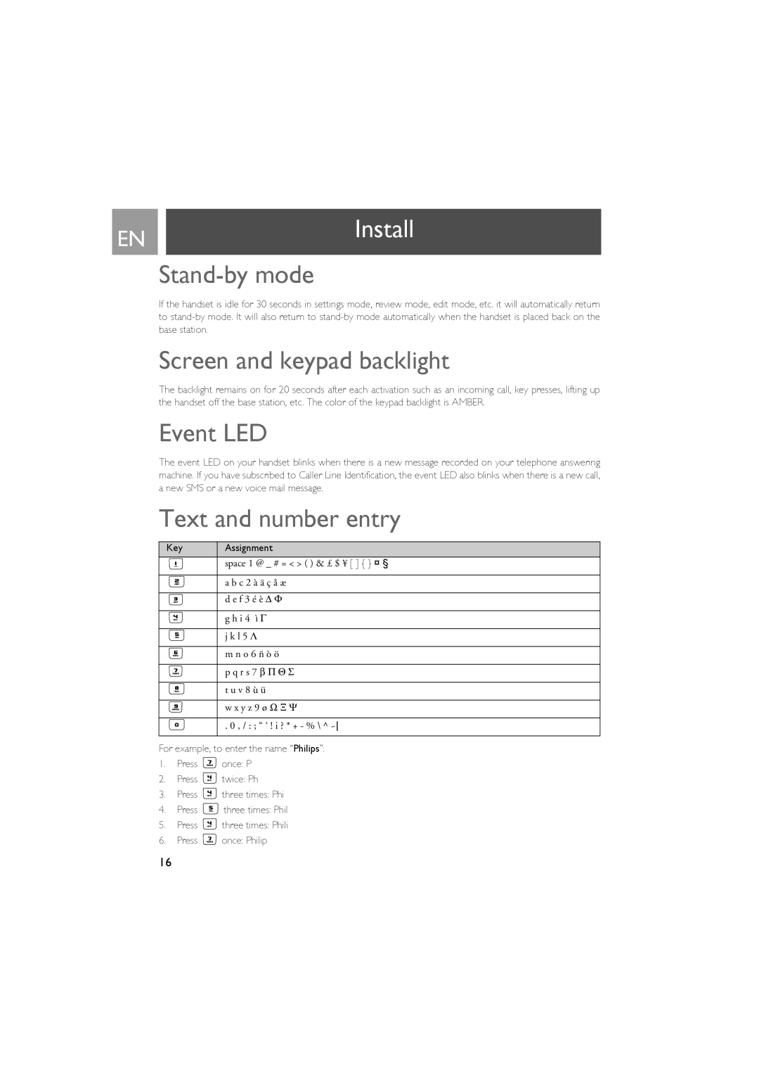 Philips CD535 manual Stand-by mode, Screen and keypad backlight, Event LED, Text and number entry 