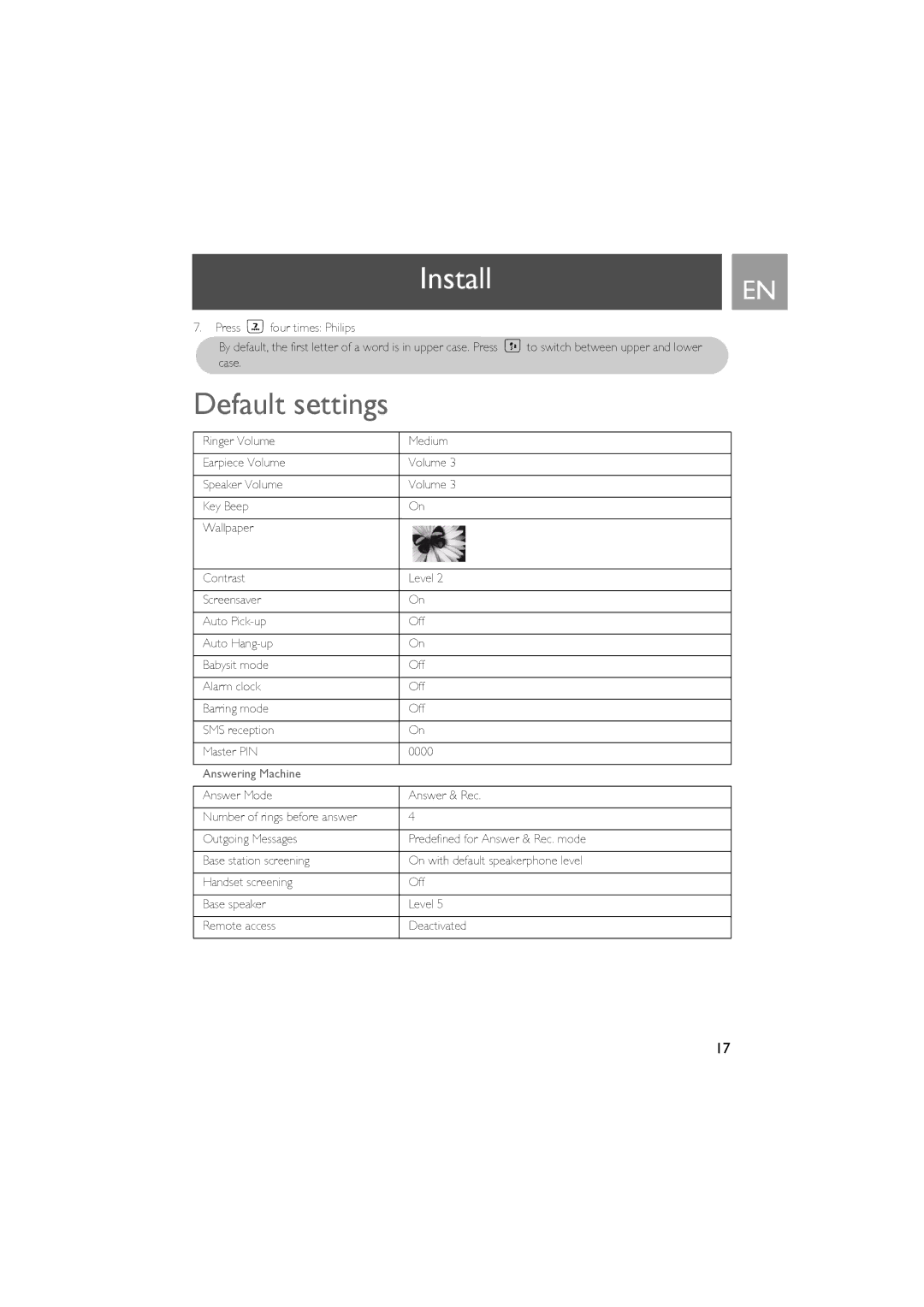 Philips CD535 manual Default settings, Answering Machine 