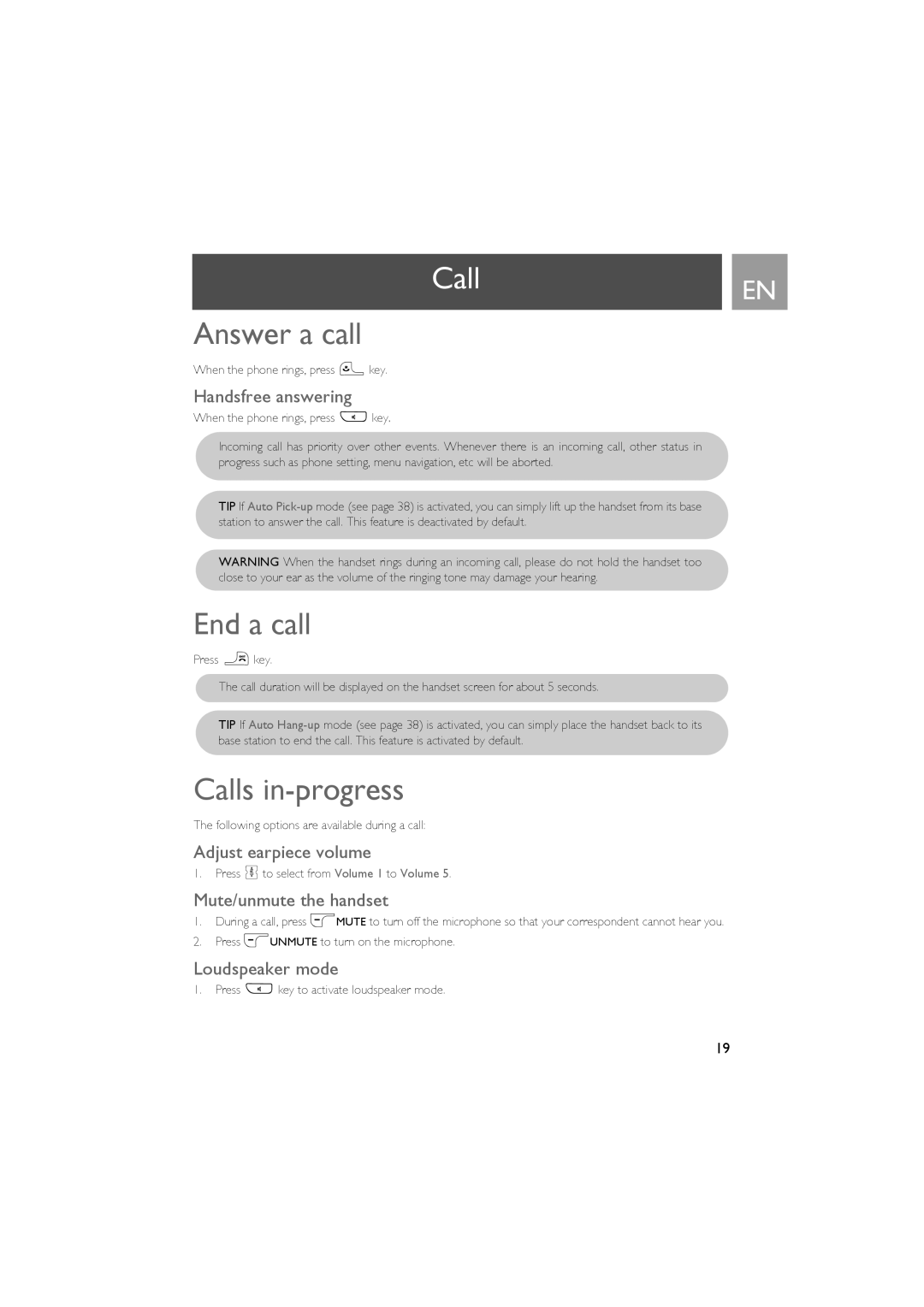 Philips CD535 manual CallEN, Answer a call, End a call, Calls in-progress 