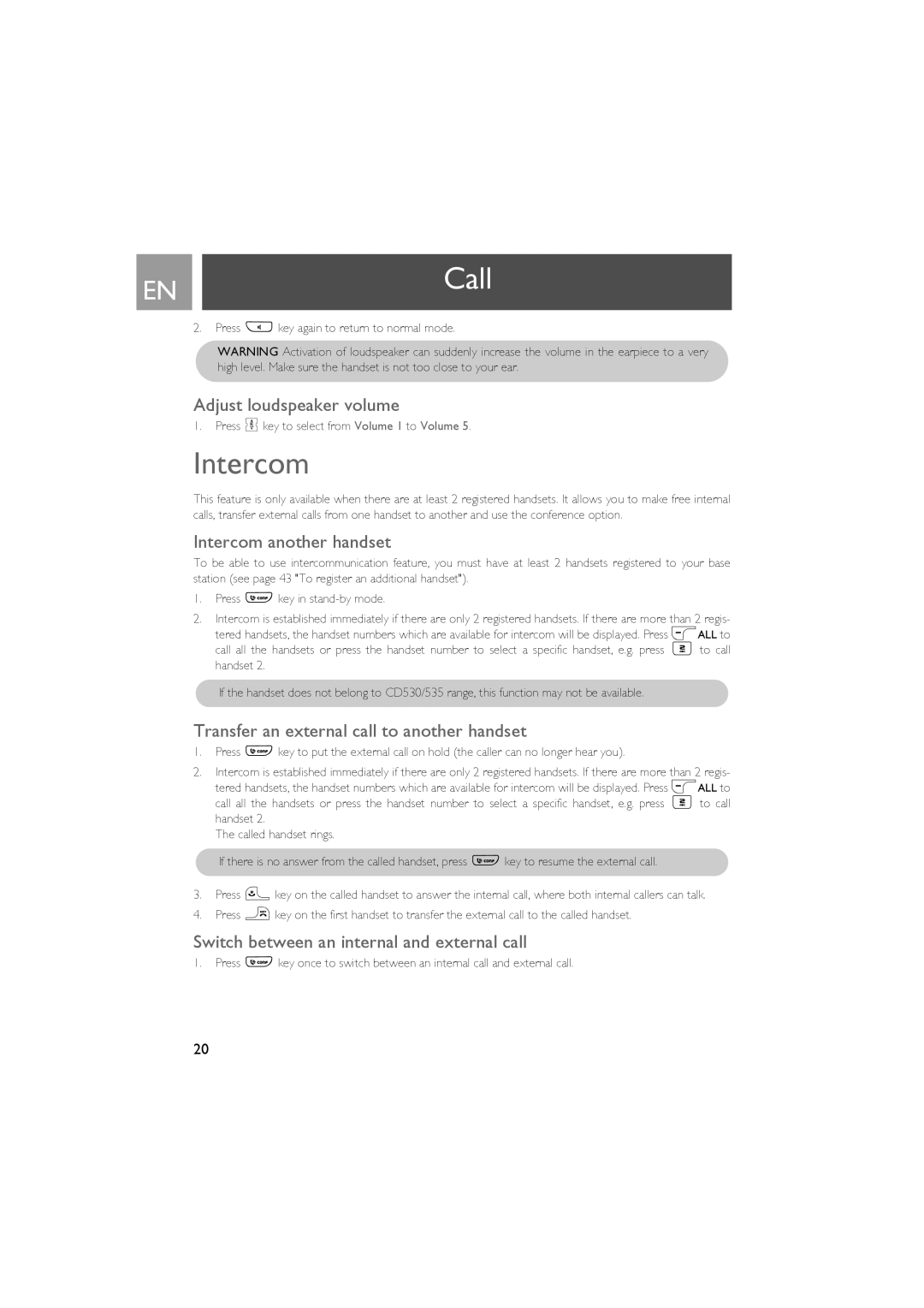 Philips CD535 manual Adjust loudspeaker volume, Intercom another handset, Transfer an external call to another handset 