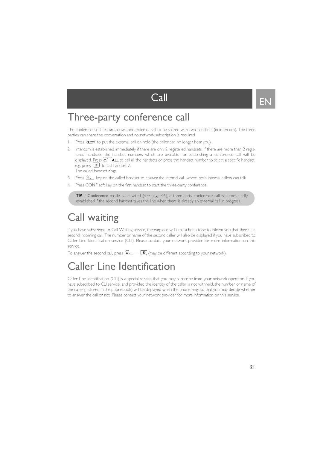 Philips CD535 manual Three-party conference call, Call waiting, Caller Line Identification 