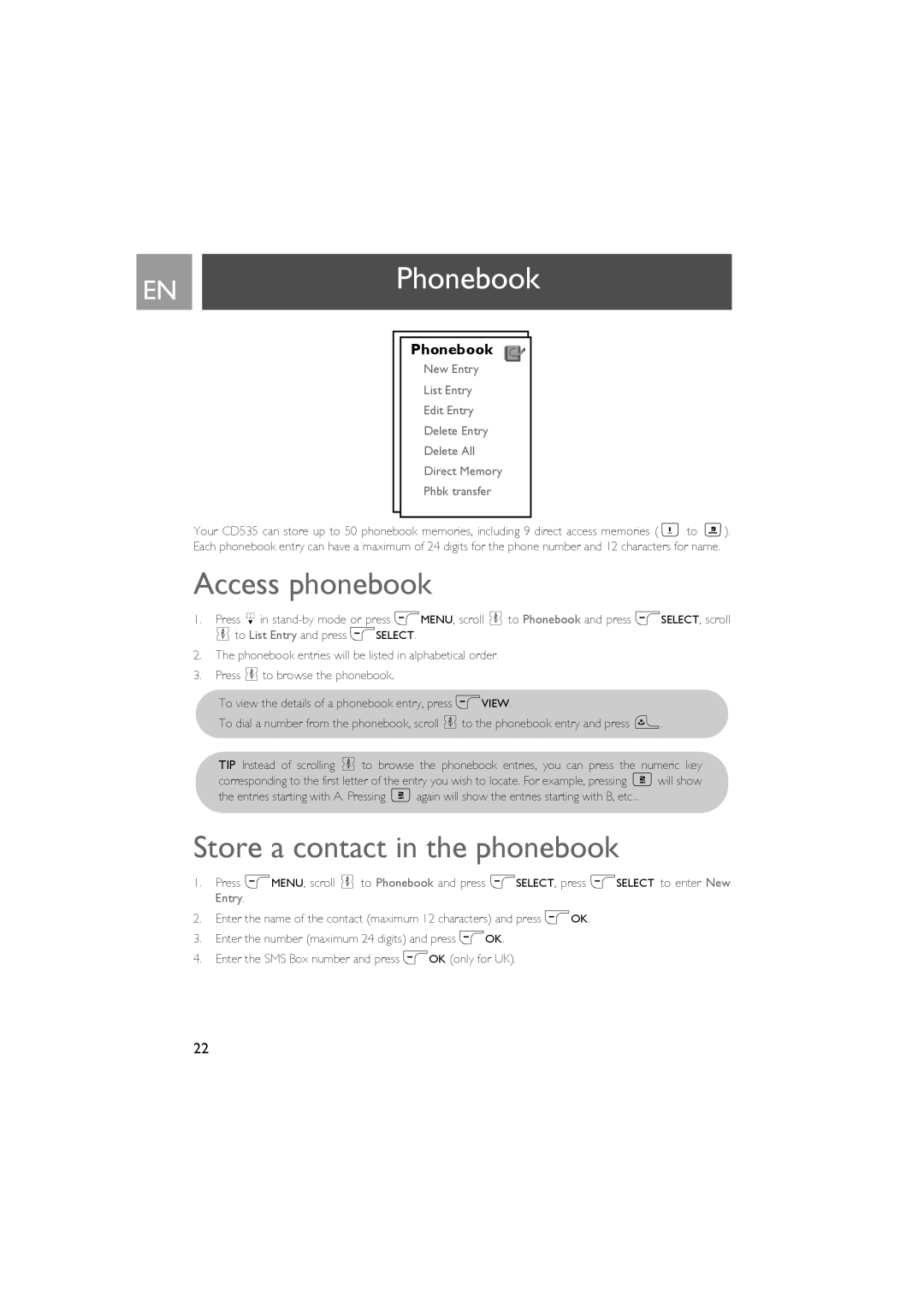 Philips CD535 manual ENPhonebook, Access phonebook, Store a contact in the phonebook 