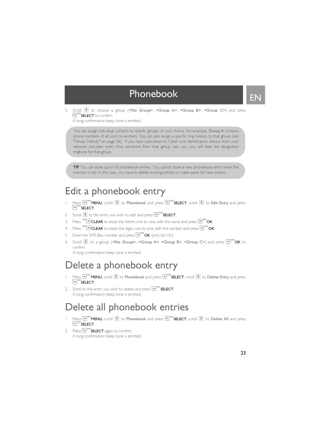 Philips CD535 manual PhonebookEN, Edit a phonebook entry, Delete a phonebook entry, Delete all phonebook entries 