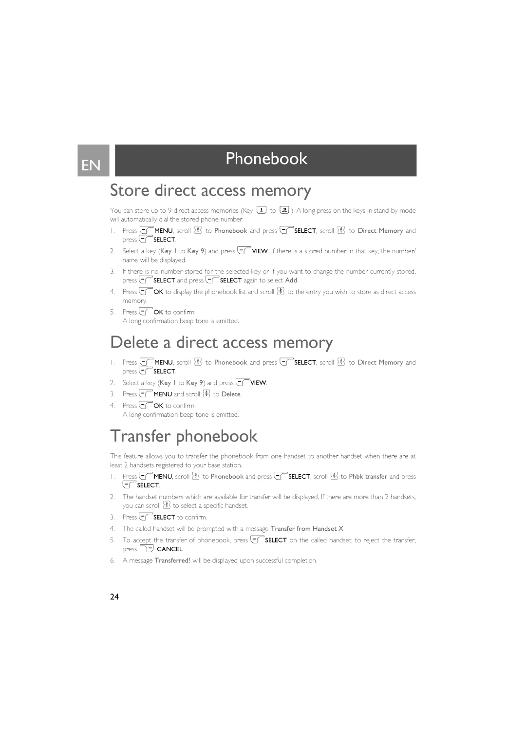 Philips CD535 manual Store direct access memory, Delete a direct access memory, Transfer phonebook 