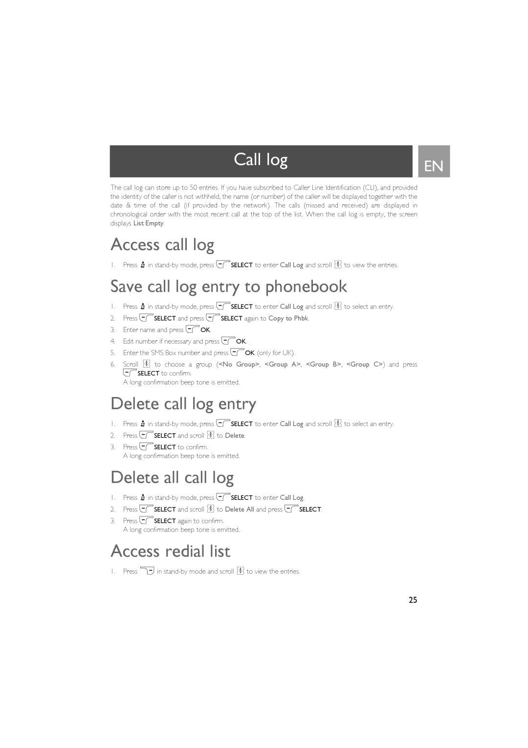 Philips CD535 manual Call log 