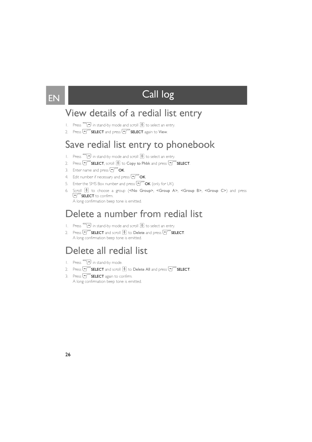 Philips CD535 View details of a redial list entry, Save redial list entry to phonebook, Delete a number from redial list 