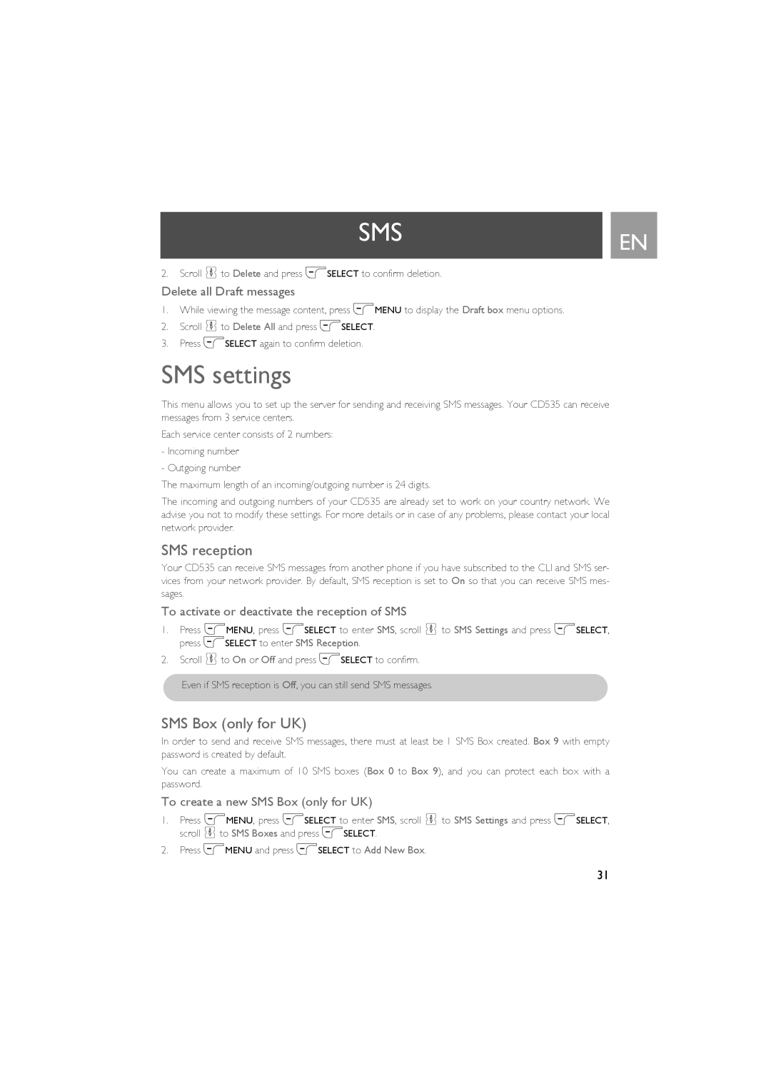 Philips CD535 manual SMS settings, SMS reception, SMS Box only for UK 