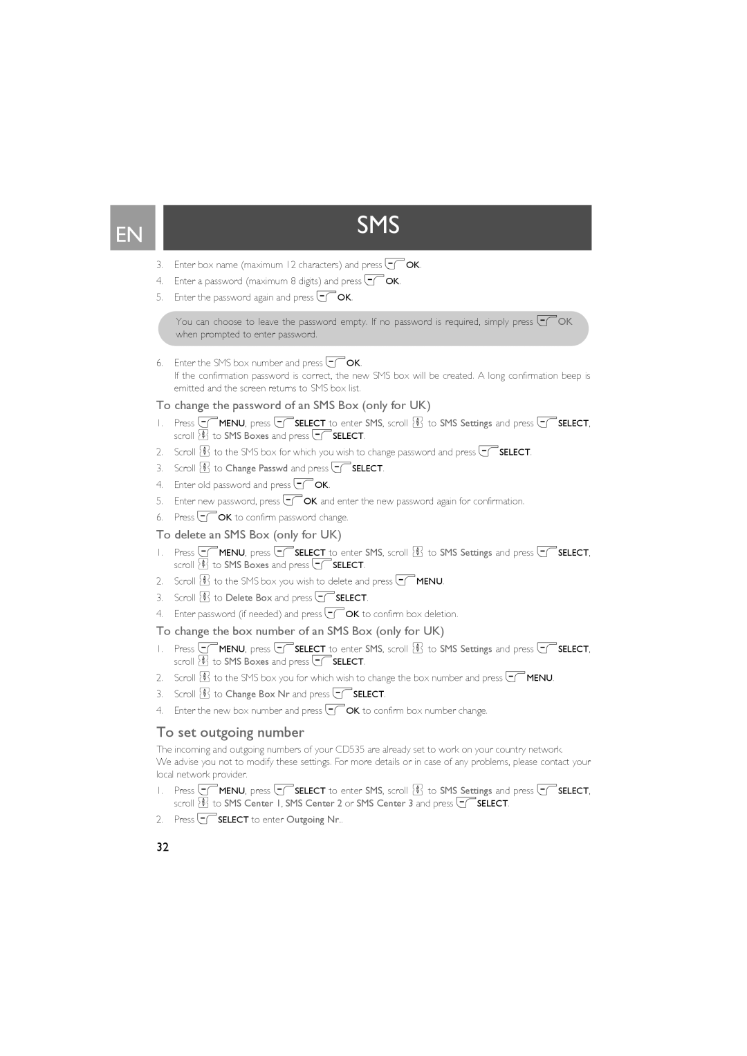 Philips CD535 To set outgoing number, To change the password of an SMS Box only for UK, To delete an SMS Box only for UK 