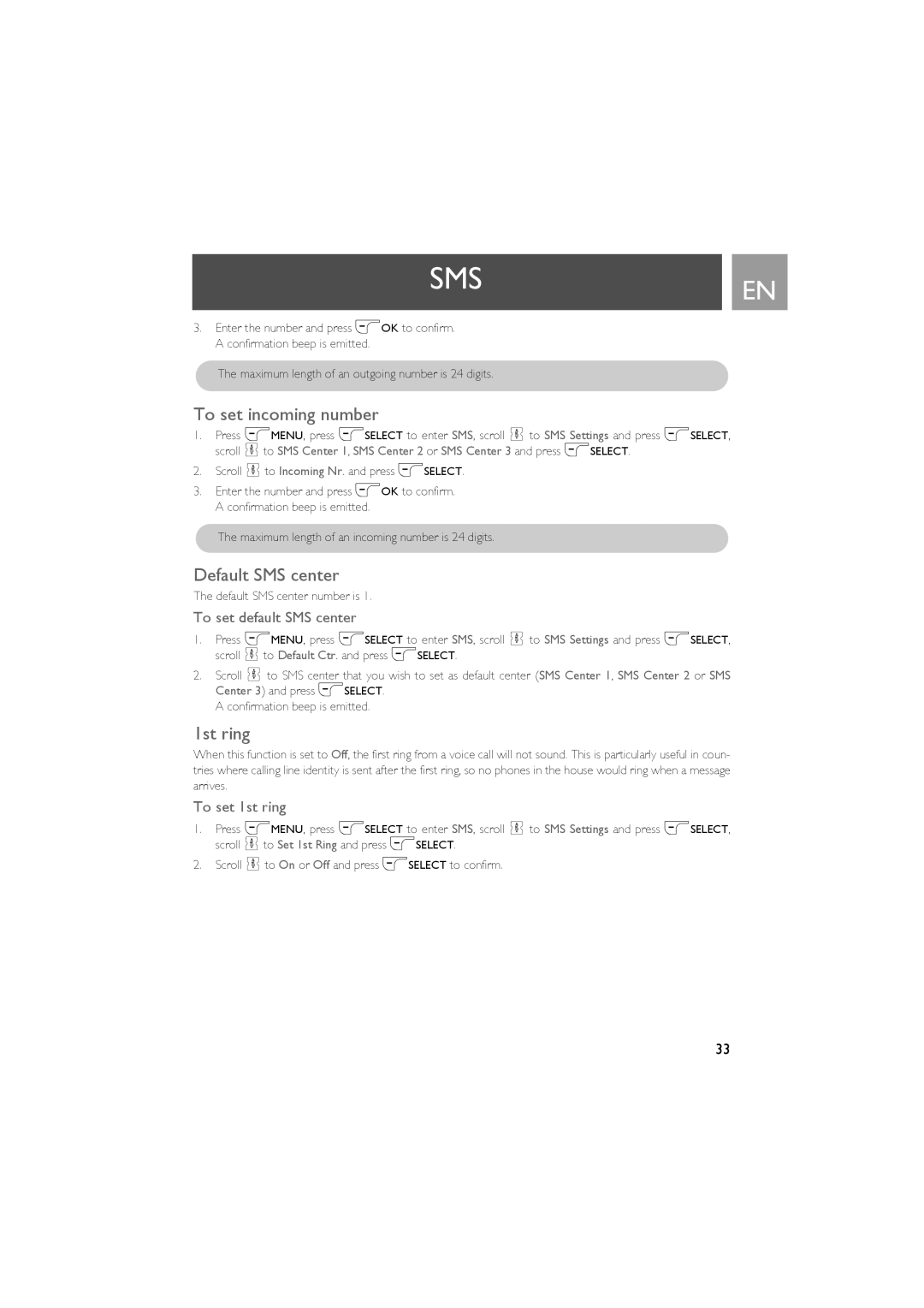 Philips CD535 manual To set incoming number, Default SMS center, To set default SMS center, To set 1st ring 