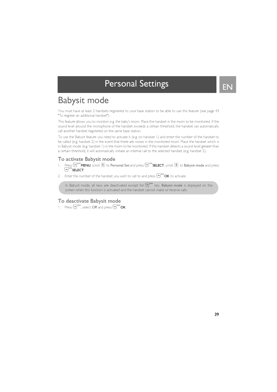 Philips CD535 manual To activate Babysit mode, To deactivate Babysit mode 