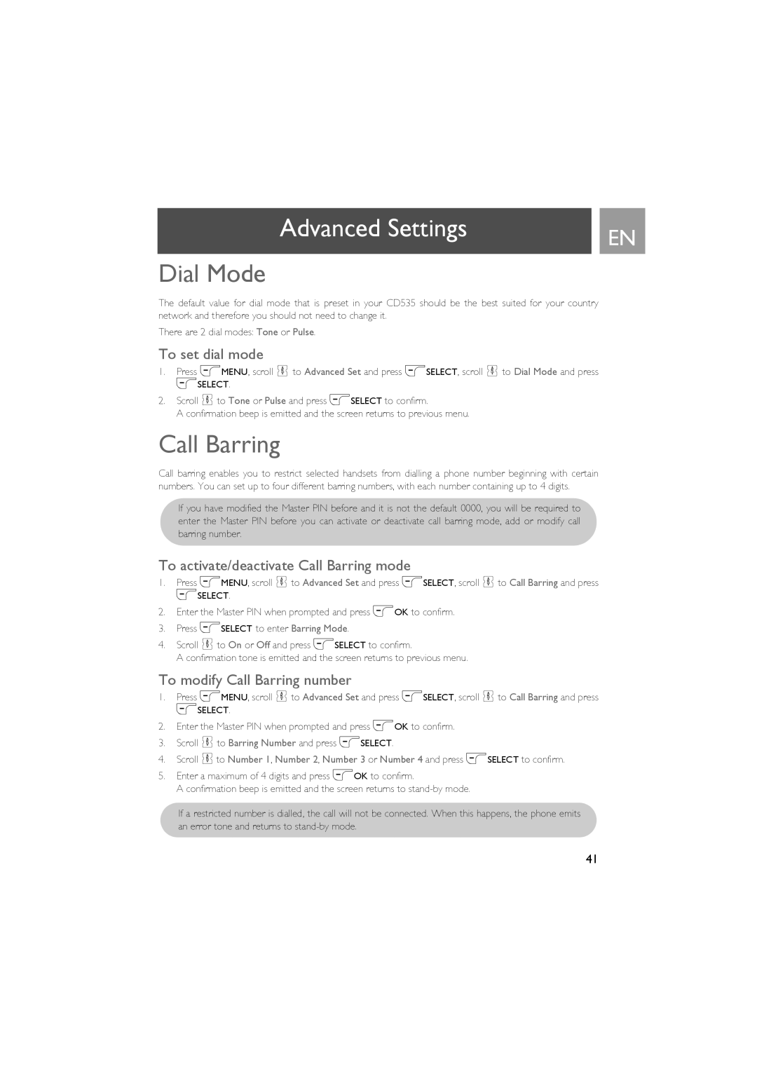 Philips CD535 Dial Mode, To set dial mode, To activate/deactivate Call Barring mode, To modify Call Barring number 